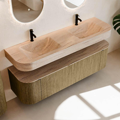 MONDIAZ THOR-DLUX 160cm meuble de salle de bains arrondi gauche + droite couleur Dusk avec 1 tiroir et 2 portes. Vasque suspendue CLOUD Double 2 trous de robinet couleur Saba.