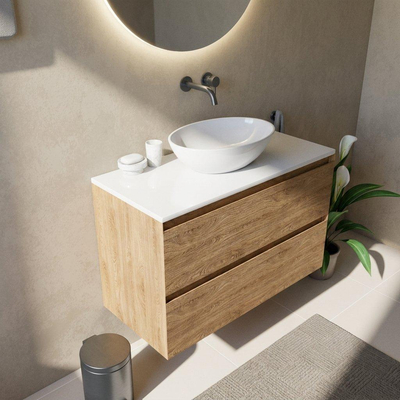 Saniclass Holz Pure Ensemble de meubles de salle de bains - 100x45x62.5cm - plan de toilette Torino en solid surface blanc - sans trou de robinetterie - 2 tiroirs - chêne natural mat (bois)