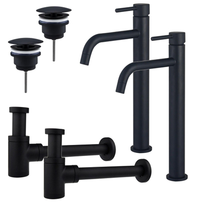 FugaFlow Eccelente Sobrado Badkamer Slim Wastafelkraanset - voor dubbele wastafel - verhoogde wastafelkraan - always open plug - verlaagde design sifon - Mat zwart