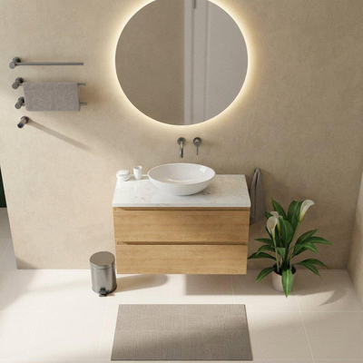 Saniclass Holz Pure Ensemble meuble de salle de bains - 100x45x63cm - Plan vasque en marbre Dia poli (blanc) - sans trou de robinetterie - 2 tiroirs - chêne natural mat (bois)