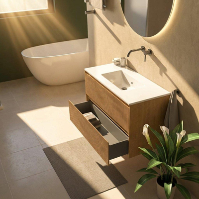 Saniclass Holz Atelier Ensemble meuble de salle de bains - 100x45x62cm - lavabo Vygo en céramique blanc - 1 vasque - sans trou de robinet - 2 tiroirs - chêne naturel mat (bois)