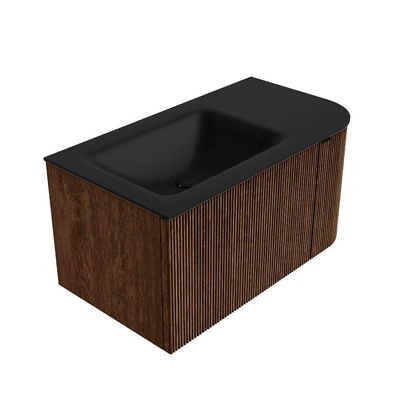 MONDIAZ KURVE 85cm badmeubel met module 25 R kleur Walnut met 1 lade en 1 deur. Wastafel CLOUD links zonder kraangat Urban.