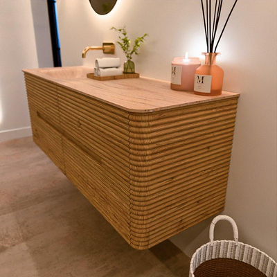 Mondiaz CIRO-DLUX Ensemble de meubles de salle de bains - 140x45x50cm - Plan-vasque en solid surface Saba - 1 lavabo à gauche - sans trous de robinet - 4 tiroirs - Chêne