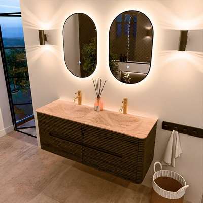 Mondiaz CIRO-DLUX Badkamermeubelset - 130x45x50cm - Solid surface wastafel Saba - 2 wasbak Dubbel - 2 kraangaten - 4 lades - Shadow