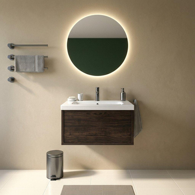 Saniclass Holz Frame Ensemble de meubles de salle de bains - 80x45x43.5cm - Lavabo en céramique Palermo blanc - 1 vasque - 1 trou de robinet - 1 tiroir - chêne charcoal mat (bois)