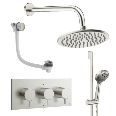 Crosswater MPRO Ensemble de douche de tête encastré - 3 leviers - vidage de baignoire - pomme de douche 20 cm - douchette à main - barre de douche - bras mural - acier inoxydable brossé