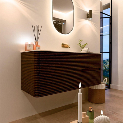 Mondiaz CIRO-DLUX Ensemble de meubles de salle de bains - 120x45x50cm - vasque en solid surface Ostra - 1 bassin à droite - sans trous de robinet - 2 tiroirs - Noyer