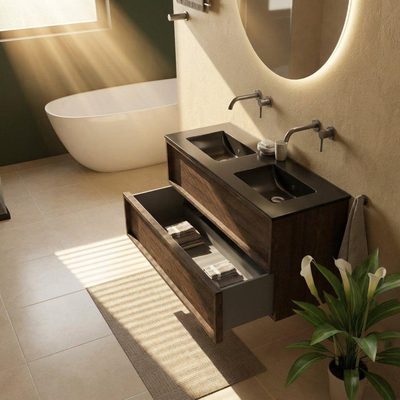 Saniclass Holz Frame Ensemble meuble de salle de bains - 120x45x62cm - lavabo Vygo en céramique noir - 2 vasques - sans trous de robinetterie - 2 tiroirs - chêne charcoal mat (bois)