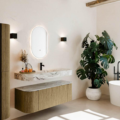 MONDIAZ THOR-DLUX Meuble de salle de bains 130cm arrondi gauche + droite couleur Dusk avec 1 tiroir et 2 portes. Vasque suspendue CLOUD Milieu 1 trou de robinet couleur Glace.