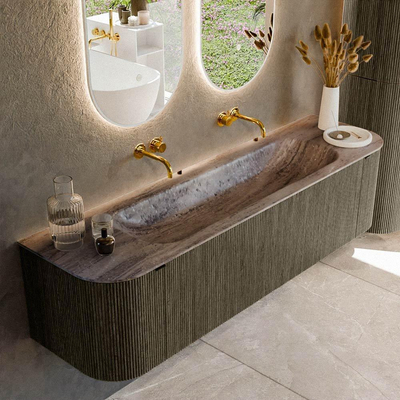 MONDIAZ KURVE-DLUX 170cm meuble de salle de bains arrondi Gauche + Droite couleur Shadow avec 1 tiroir et 2 portes. Lavabo BIG LARGE Central sans trou de robinet Oza.