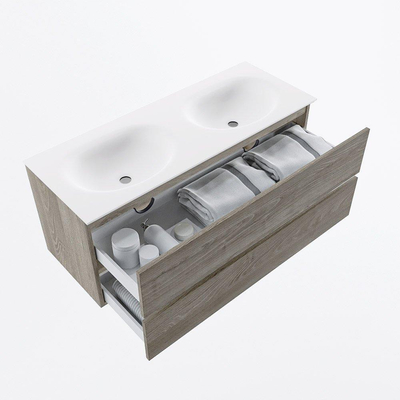 Mondiaz VICA ensemble de meuble de salle de bain - 120cm - meuble sous-vasque marron clair gris - 2 tiroirs - lavabo lune double - sans trous de robinet - version haute 60cm - talc