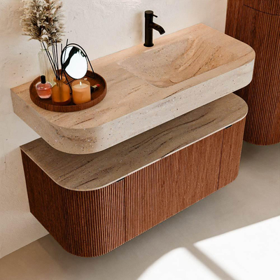 MONDIAZ THOR-DLUX 110cm meuble de salle de bains arrondi gauche + droite couleur Ruby avec 1 tiroir et 2 portes. Vasque suspendue CLOUD Droite 1 trou de robinet couleur Saba.