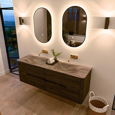 Mondiaz CIRO-DLUX Ensemble de meubles de salle de bains - 150x45x50cm - plan-vasque Solid surface Oza - 2 vasques Double - sans trous de robinet - 4 tiroirs - Shadow