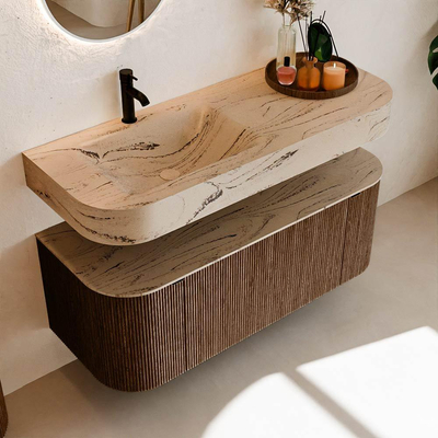 MONDIAZ THOR-DLUX 120cm meuble de salle de bains arrondi gauche + droite couleur Walnut avec 1 tiroir et 2 portes. Vasque suspendue CLOUD gauche 1 trou de robinet couleur Arena.