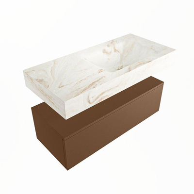 Mondiaz ALAN-DLUX Ensemble de meuble - 100cm - meuble Rust mat - 1 tiroir - Lavabo Cloud Frappe suspendu - vasque Droite - 0 trous de robinet