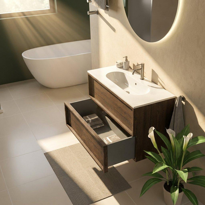 Saniclass Holz Frame Ensemble meuble de salle de bains - 100x45x73.9cm - Chaci lavabo en céramique blanc - 1 vasque - 1 trou de robinetterie - 2 tiroirs - chêne charcoal mat (bois)