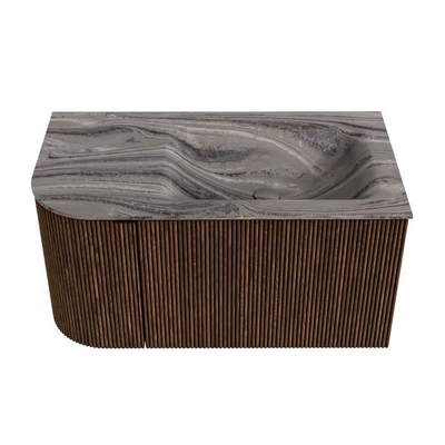 MONDIAZ KURVE-DLUX 85cm badmeubel ronding Links kleur Walnut met 1 lade en 1 deur. Wastafel CLOUD Rechts zonder kraangat Sombra.