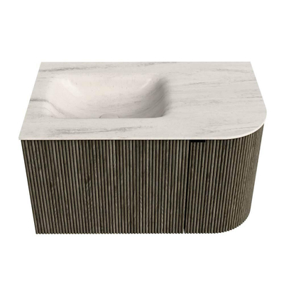 MONDIAZ KURVE-DLUX Meuble de salle de bains 75cm arrondi à droite couleur Shadow avec 1 tiroir et 1 porte. Lavabo GRUNNE à gauche sans trou de robinet Meli.