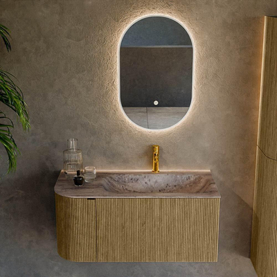 MONDIAZ KURVE-DLUX Meuble de salle de bains 95cm arrondi à gauche couleur Dusk avec 1 tiroir et 1 porte. Lavabo BIG SMALL à droite 1 trou de robinet Oza.
