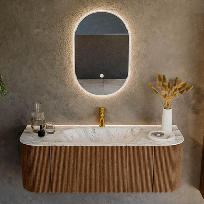 MONDIAZ KURVE-DLUX 130cm Meuble salle de bain avec module 25 G et D - couleur Walnut - 1 tiroir - 2 portes - vasque BIG SMALL centre - 1 trou de robinet - couleur Glace