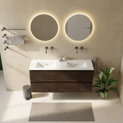 Saniclass Holz Pure Ensemble meuble de salle de bains - 140x45x62cm - lavabo Vygo en céramique blanc - 2 vasques - sans trous de robinetterie - 4 tiroirs - chêne charcoal brillant (bois)