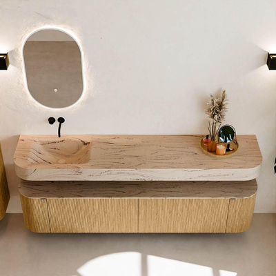 MONDIAZ THOR-DLUX 200cm meuble de salle de bains arrondi gauche + droite couleur Oak avec 2 tiroirs et 2 portes. Vasque suspendue CLOUD gauche sans trou de robinet couleur Arena.