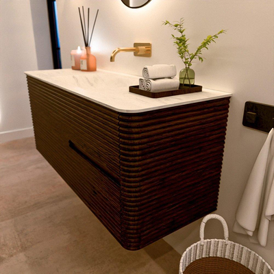 Mondiaz CIRO-DLUX Meuble de salle de bains - 120x45x50cm - plan-vasque solid surface Opalo - 1 vasque au milieu - sans trous de robinetterie - 2 tiroirs - Noyer