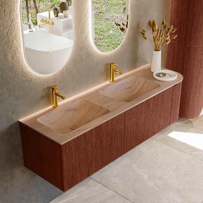 MONDIAZ KURVE-DLUX Meuble de salle de bains 155cm arrondi à droite couleur Ruby avec 2 tiroirs et 1 porte. Lavabo LEAF Double / Gauche 2 trous de robinet Saba.