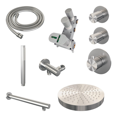 BRAUER Stripe Thermostatische Inbouw Regendouche - SET 01 - 25cm douchekop - rechte muurarm - staaf handdouche - doucheslang - wandaansluitbocht - RVS-kleurig geborsteld PVD