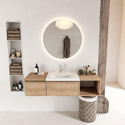 MONDIAZ BUKLA Meuble de salle de bains 140 cm avec module ouvert 40 à droite couleur Chêne blanchi avec 2 tiroirs. Lavabo CLOUD central 1 trou de robinet couleur Talc.