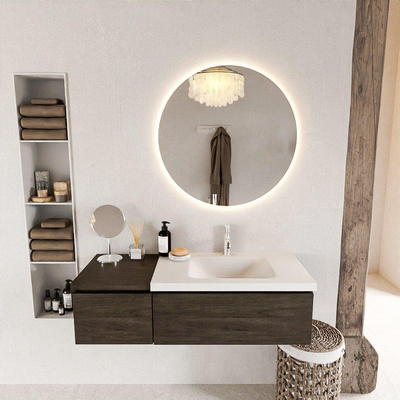 MONDIAZ BUKLA 120cm ensemble de meuble avec module 40 couleur Marron Foncé avec 2 tiroirs. Lavabo CLOUD à droite 1 trou de robinet couleur Talc.