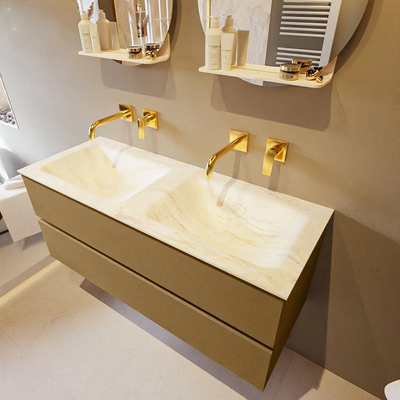 Mondiaz VICA-DLUX ensemble de meuble de salle de bain - 120cm - meuble sous-vasque oro - 2 tiroirs - lavabo encastré cloud double - sans trous de robinet - miroir modèle spot - version XL 60cm de haut - ostra