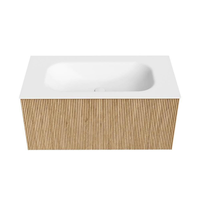 MONDIAZ KURVE Meuble de salle de bains 90 cm couleur Oak avec 1 tiroir. Lavabo BIG SMALL central sans trou de robinet Talc.