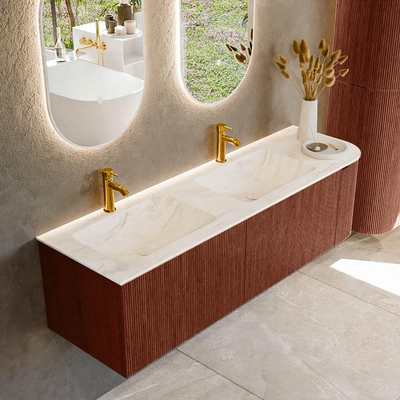 Mondiaz KURVE-DLUX Badkamermeubelset - 155x46x40cm - 2 lade - 1 deur - wastafel solid surface - dubbel / links - 2 kraangaten - Ruby