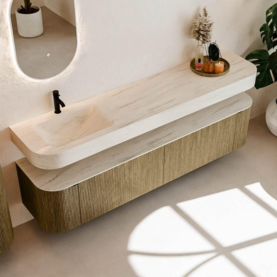 MONDIAZ THOR-DLUX 200cm meuble de salle de bains arrondi gauche + droite couleur Dusk avec 2 tiroirs et 2 portes. Vasque suspendue CLOUD Gauche 1 trou de robinet couleur Meli.