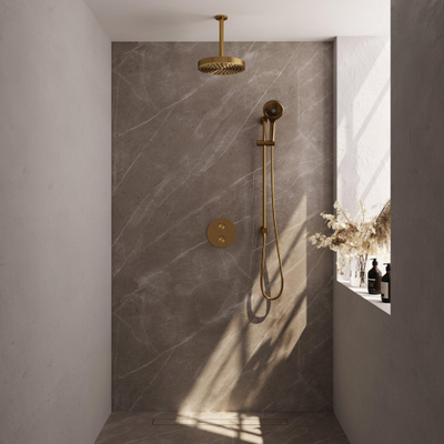 BRAUER Stripe Thermostatische Inbouw Regendouche - 3-weg - rond - SET 48 - 25cm douchekop - plafondarm - 3-standen handdouche - doucheslang - geïntegreerde glijstang - goud geborsteld PVD