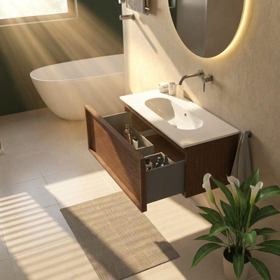 Saniclass Holz Frame Ensemble de meubles de salle de bains - 100x45x53.9cm - Lavabo en céramique Chaci blanc - 1 vasque - sans trou de robinet - 1 tiroir - mat walnut pure (bois)