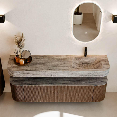 MONDIAZ THOR-DLUX 170cm badmeubel ronding links + rechts kleur Walnut met 1 lade en 2 deuren. Vrijhangende wastafel CLOUD Rechts 1 kraangat kleur Oza.