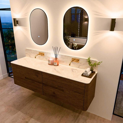 Mondiaz CIRO-DLUX Meuble de salle de bains - 170x45x50cm - plan vasque solid surface Ostra - 2 vasques double - sans trous de robinetterie - 4 tiroirs - Dusk