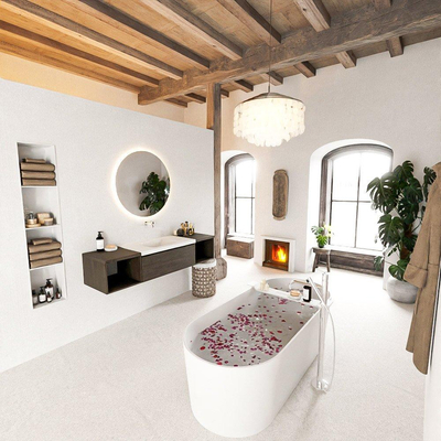 MONDIAZ BUKLA 160cm ensemble de meuble avec module ouvert 40 L+R couleur Marron foncé avec 1 tiroir. Lavabo CLOUD centre 0 trous de robinet couleur Talc.