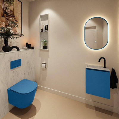 MONDIAZ TURE-DLUX meuble de toilettes 40cm Jeans. EDEN lavabo Opalo position gauche. Avec 1 trou de robinet.