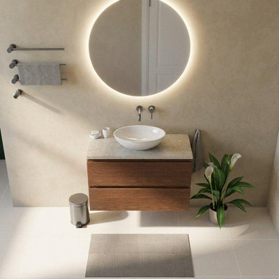 Saniclass Holz Pure Ensemble de meubles de salle de bains - 100x45x63cm - Plan de toilette en pierre naturelle travertin - sans trou de robinetterie - 2 tiroirs - walnut pure mat (bois)