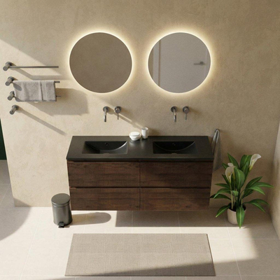 Saniclass Holz Atelier Ensemble meuble de salle de bains - 140x45x62cm - Vygo lavabo en céramique noir - 2 vasques - sans trous de robinetterie - 4 tiroirs - chêne charcoal mat (bois)