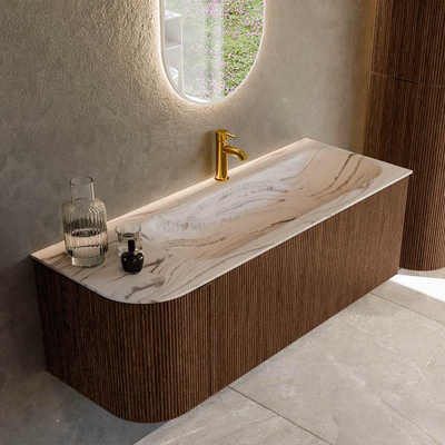 MONDIAZ KURVE-DLUX 125cm badmeubel ronding Links kleur Walnut met 1 lade en 1 deur. Wastafel BIG MEDIUM Rechts 1 kraangat Nata.