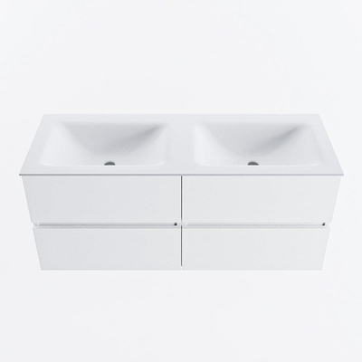 MONDIAZ VICA meuble sous lavabo 120cm Talc 4 tiroirs. Lavabo CLOUD double 2 trous de robinet, couleur Talc.