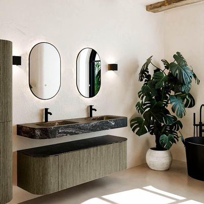 MONDIAZ THOR-DLUX 150cm meuble de salle de bains arrondi gauche + droite couleur Shadow avec 1 tiroir et 2 portes. Vasque suspendue CLOUD Double 2 trous de robinet couleur Lava.