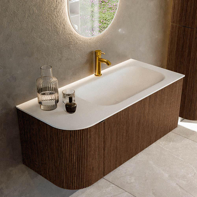 MONDIAZ KURVE 105cm badmeubel met module 25 L kleur Walnut met 1 lade en 1 deur. Wastafel BIG SMALL rechts 1 kraangat Talc.