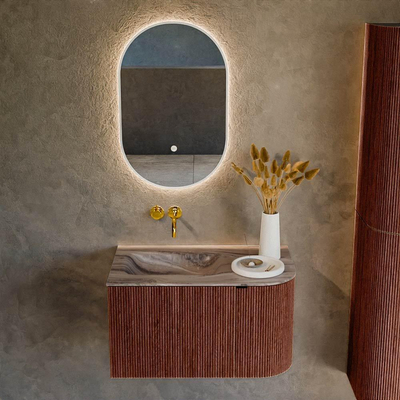 MONDIAZ KURVE-DLUX Meuble de salle de bains 75cm arrondi à droite couleur Ruby avec 1 tiroir et 1 porte. Lavabo GRUNNE à gauche sans trou de robinet Sombra.