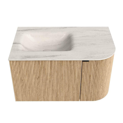 MONDIAZ KURVE-DLUX 75cm meuble de salle de bains arrondi droit couleur chêne avec 1 tiroir et 1 porte. Lavabo GRUNNE gauche 1 trou de robinet Meli.