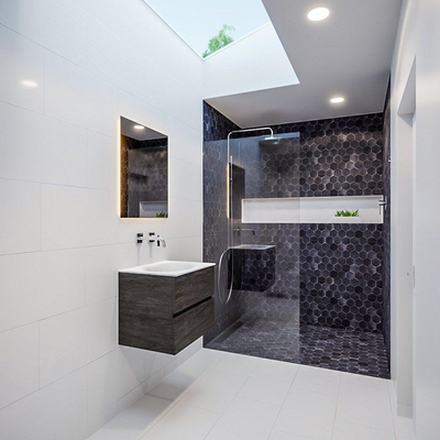 MONDIAZ VICA Ensemble de meuble salle de bain - 60cm - 2 tiroirs - lavabo Moon central - 0 trous de robinet - solid surface marron foncé